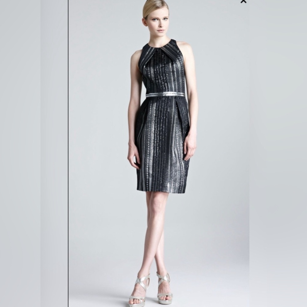 Lela Rose Black Metallic Striped Midi Dress